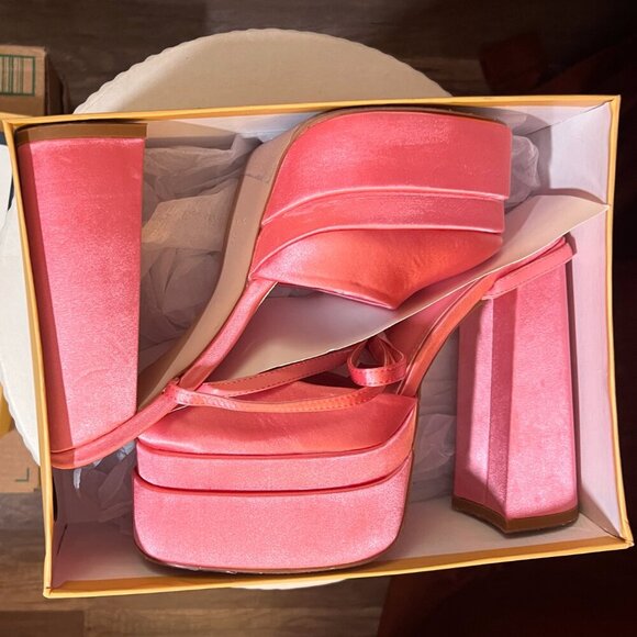 Simmi London Pink Satin Platform Chunky Heel Closed Toe with Buckle Ankle Strap - Picture 12 of 16